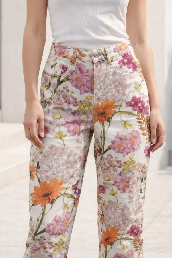 Damen Hose High Waist Floral Muster Regular Fit Leicht Sommer Frühling Casual Elegant Alltag