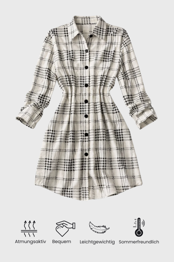 Damen Hemdkleid kariert A-Linie langarm Knopfleiste locker Passform bequem