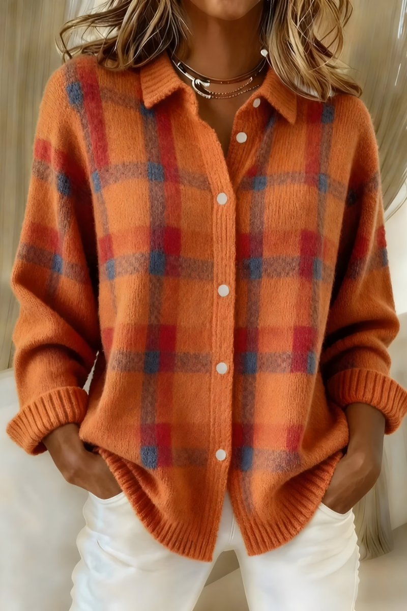 Damen Strickjacke kariert lose weiche warme Knopfleiste für eine bequeme Passform