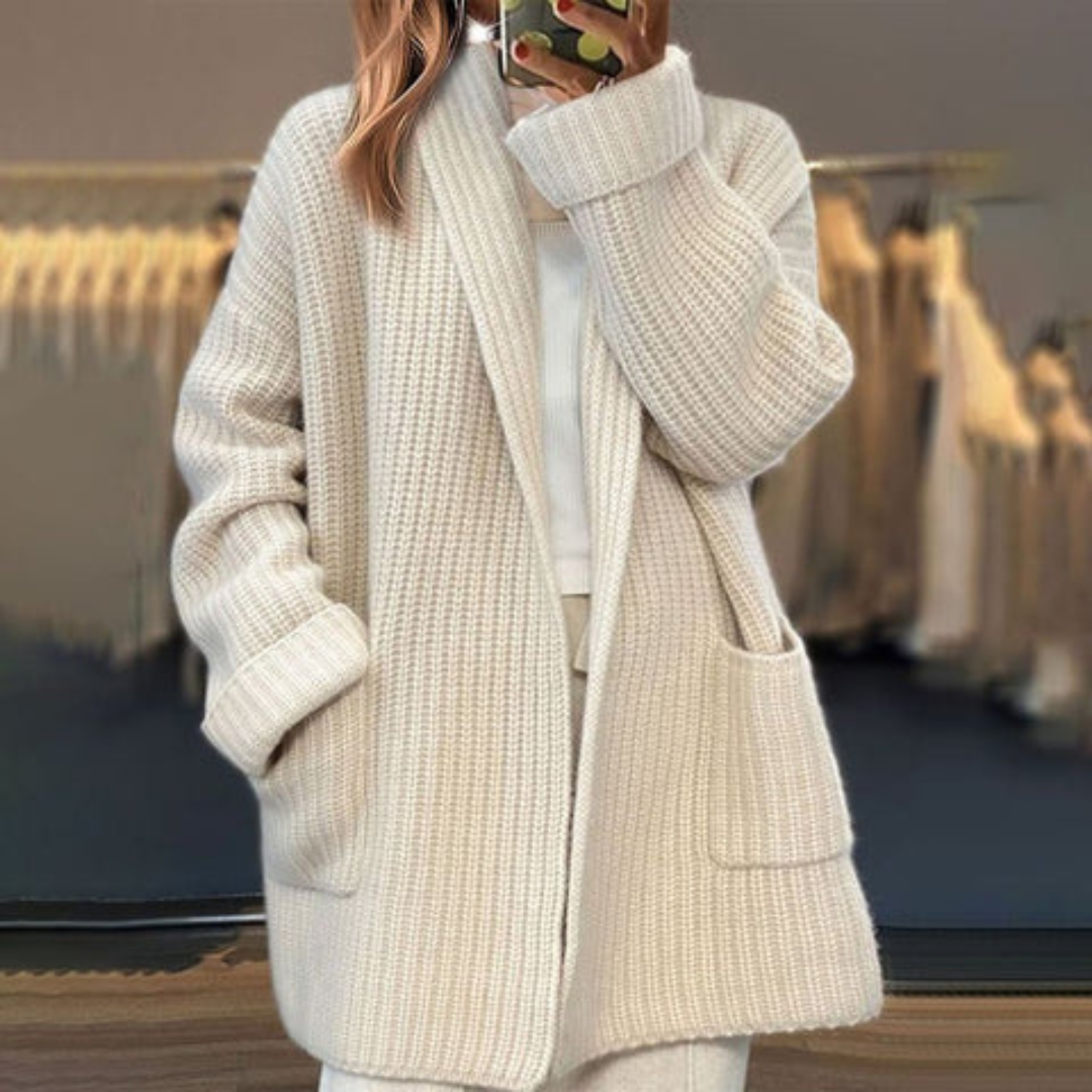 Damen Strickjacke lang Wollmischung offen Grobstrick Regular Fit Taschen Freizeit Cardigan warm