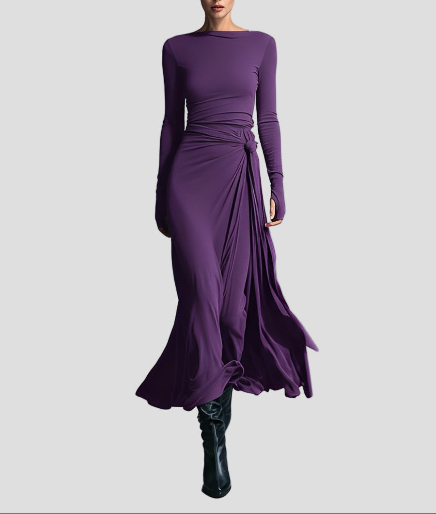Damen Wickelstresskleid grau elastisches Langarm Figur seitliche Knoten Winterkleid
