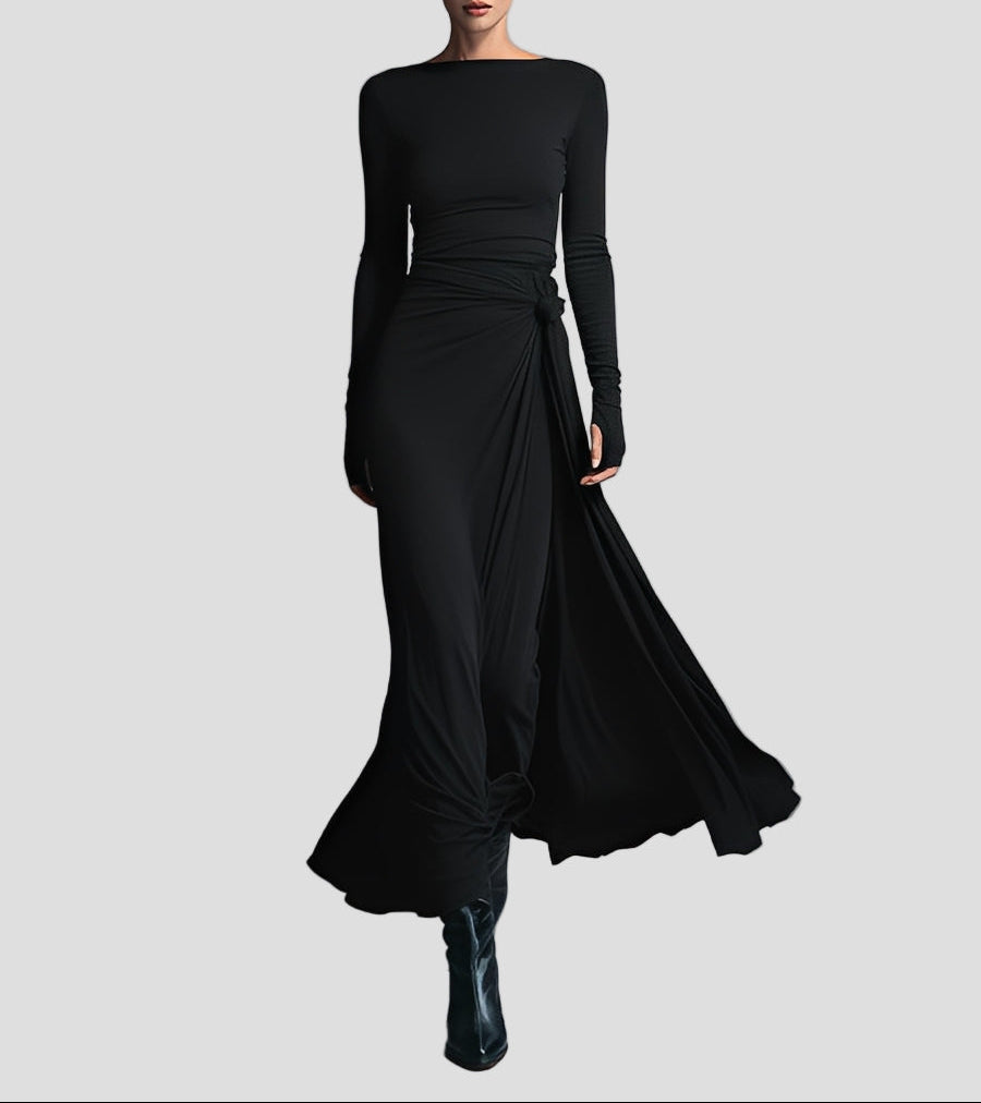 Damen Wickelstresskleid grau elastisches Langarm Figur seitliche Knoten Winterkleid