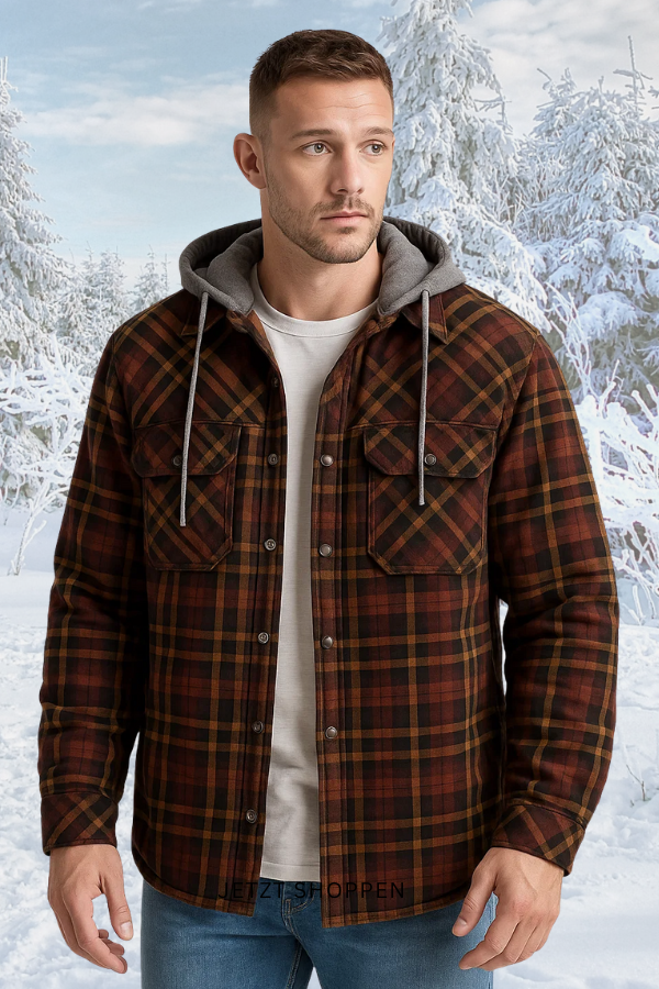 Herren Flanelljacke Sherpa Gefüttert Kapuze Karomuster Warm Regular Fit Übergangsjacke Winter Outdoor Casual