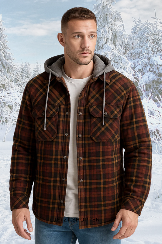 Herren Flanelljacke Sherpa Gefüttert Kapuze Karomuster Warm Regular Fit Übergangsjacke Winter Outdoor Casual