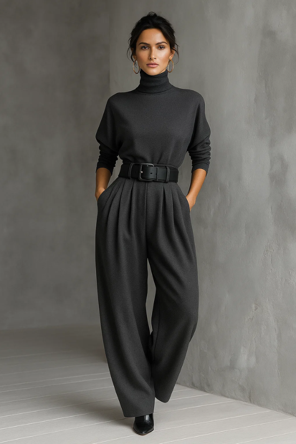Damen Jumpsuit mit Gürtel, hohe Halsform, weites Bein, lockere Passform, elegant