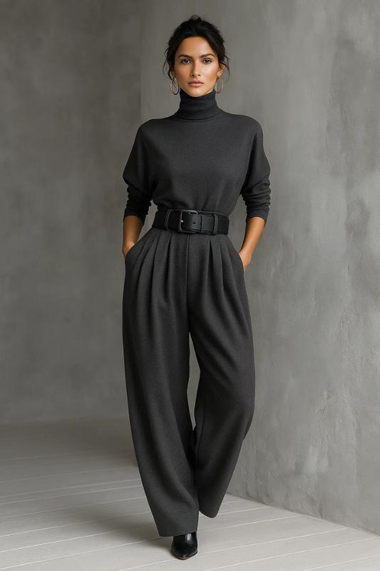 Damen Jumpsuit mit Gürtel, hohe Halsform, weites Bein, lockere Passform, elegant