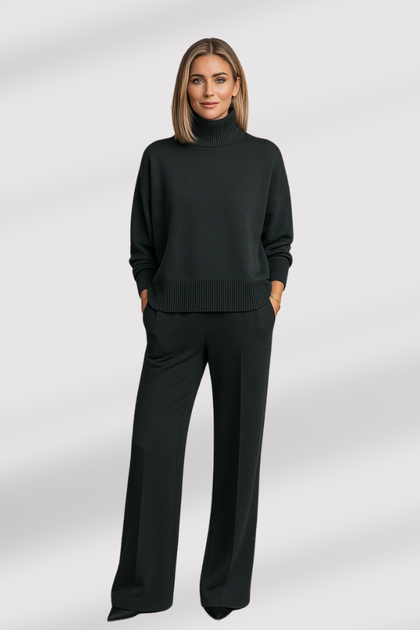 Damen Zweiteiler Regular Fit Strickset Rollkragen Pullover mit weiter Hose Loungewear Set einfarbig 2-teilig
