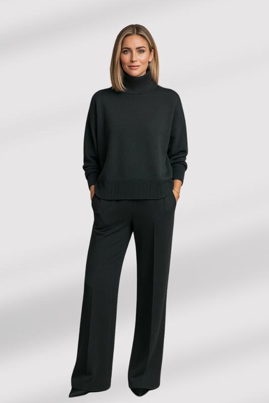Damen Zweiteiler Regular Fit Strickset Rollkragen Pullover mit weiter Hose Loungewear Set einfarbig 2-teilig