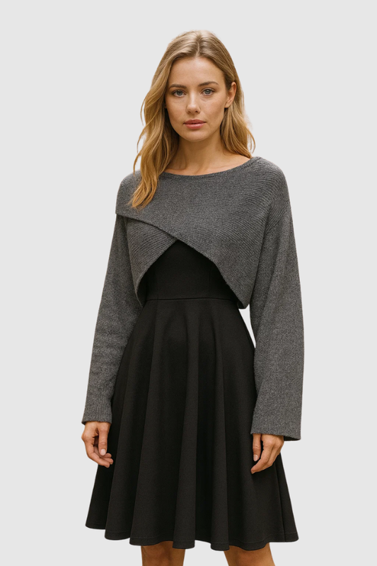 Damen Zweiteiler Regular Fit Strickpullover mit figurbetontem Kleid Set Loungewear Strickkleid-Kombination 2-teilig