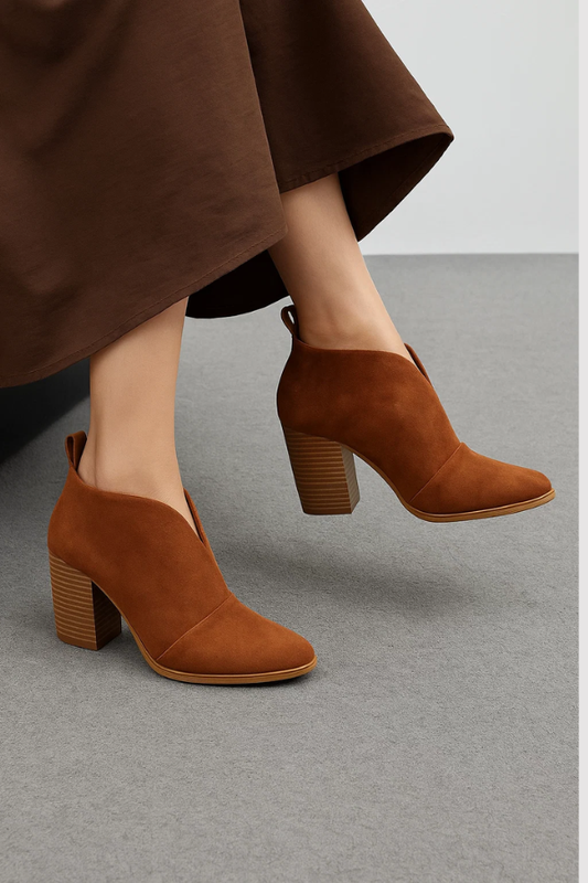 Damen Stiefeletten V-Ausschnitt Blockabsatz Slip-On bequem vielseitig