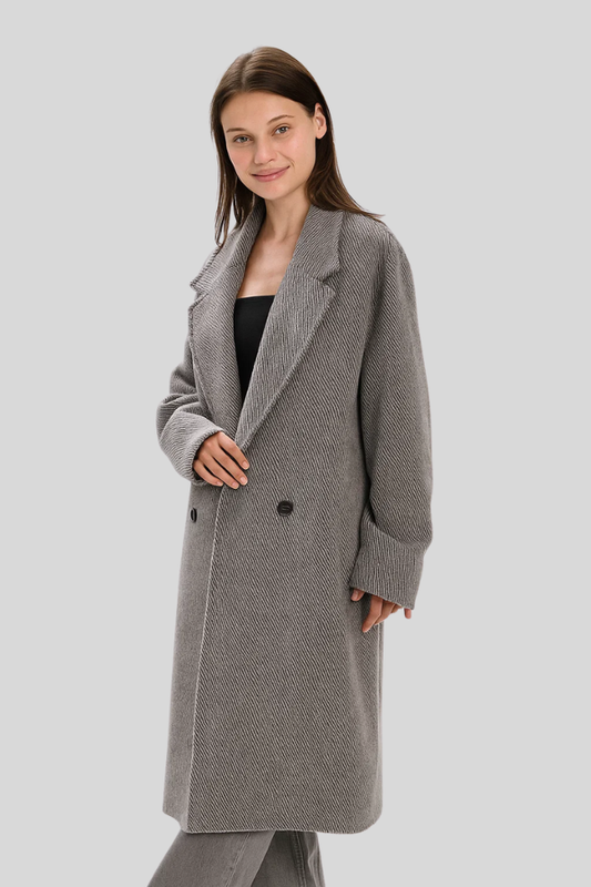 Damen Mantel Fischgrät Grau Lang Tailliert Elegant Warm Klassisch