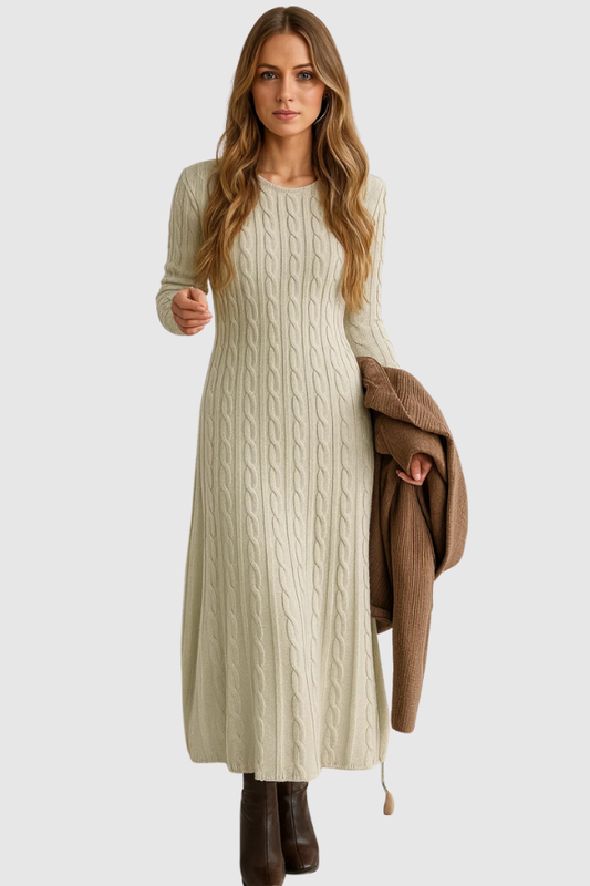 Damen Langkleid Strick figurbetont mit Rundhalsausschnitt langärmlig elastisch bequeme Passform elegant