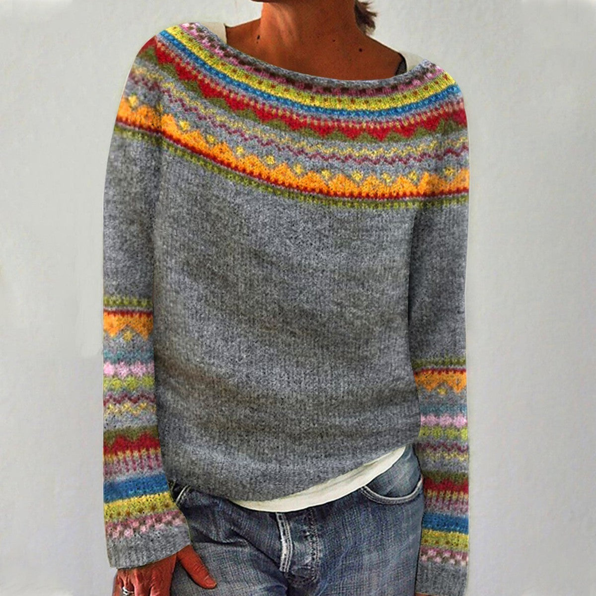 Damen Strickpullover Rundhals Muster Lässig Bequem Warm Alltag