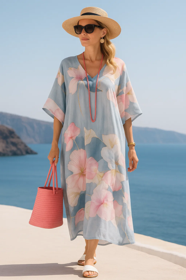 Damen Maxikleid Blumenmuster V-Ausschnitt halbe Ärmel locker Passform sommerlich