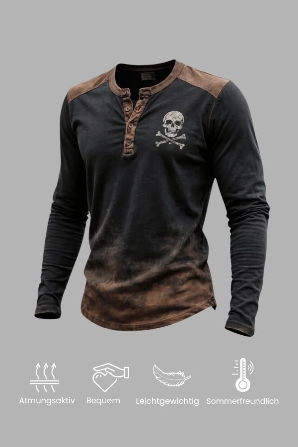 Herren Henley Langarmshirt Totenkopfdruck braun regulär elastisch
