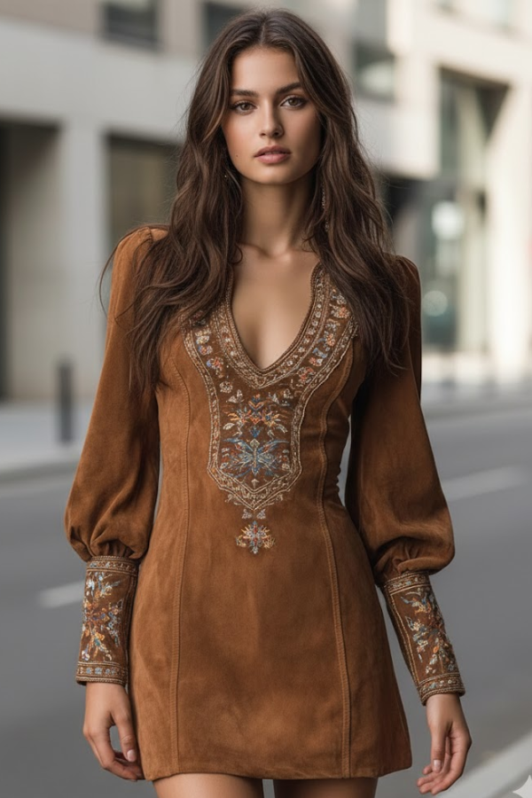Damen Minikleid lila Suede-Optik Stickerei kurzärmlos elegante Passform