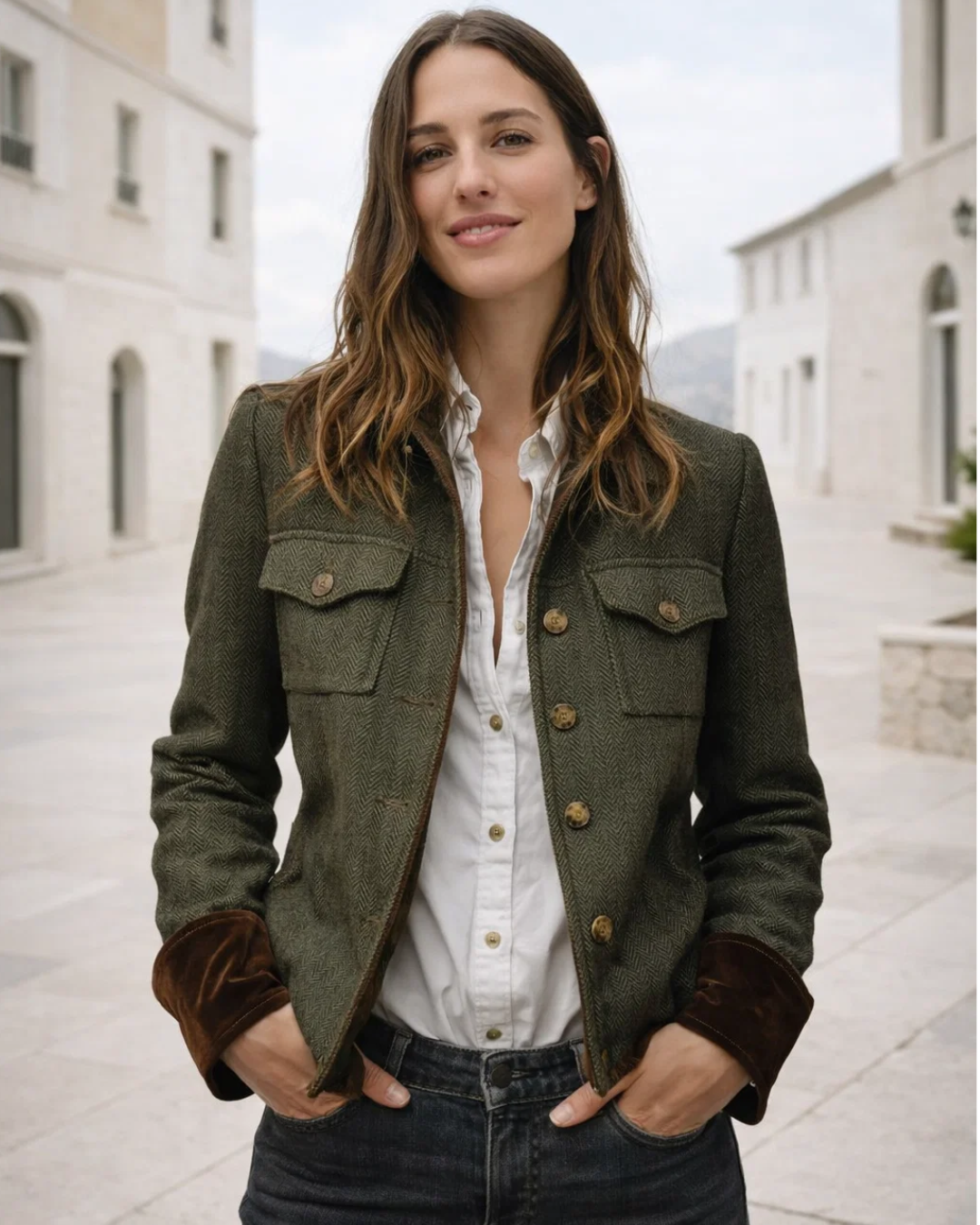 Damen Tweedjacke ist in der Taille tailliert elegante strukturierte Samtdetails klassische Passform