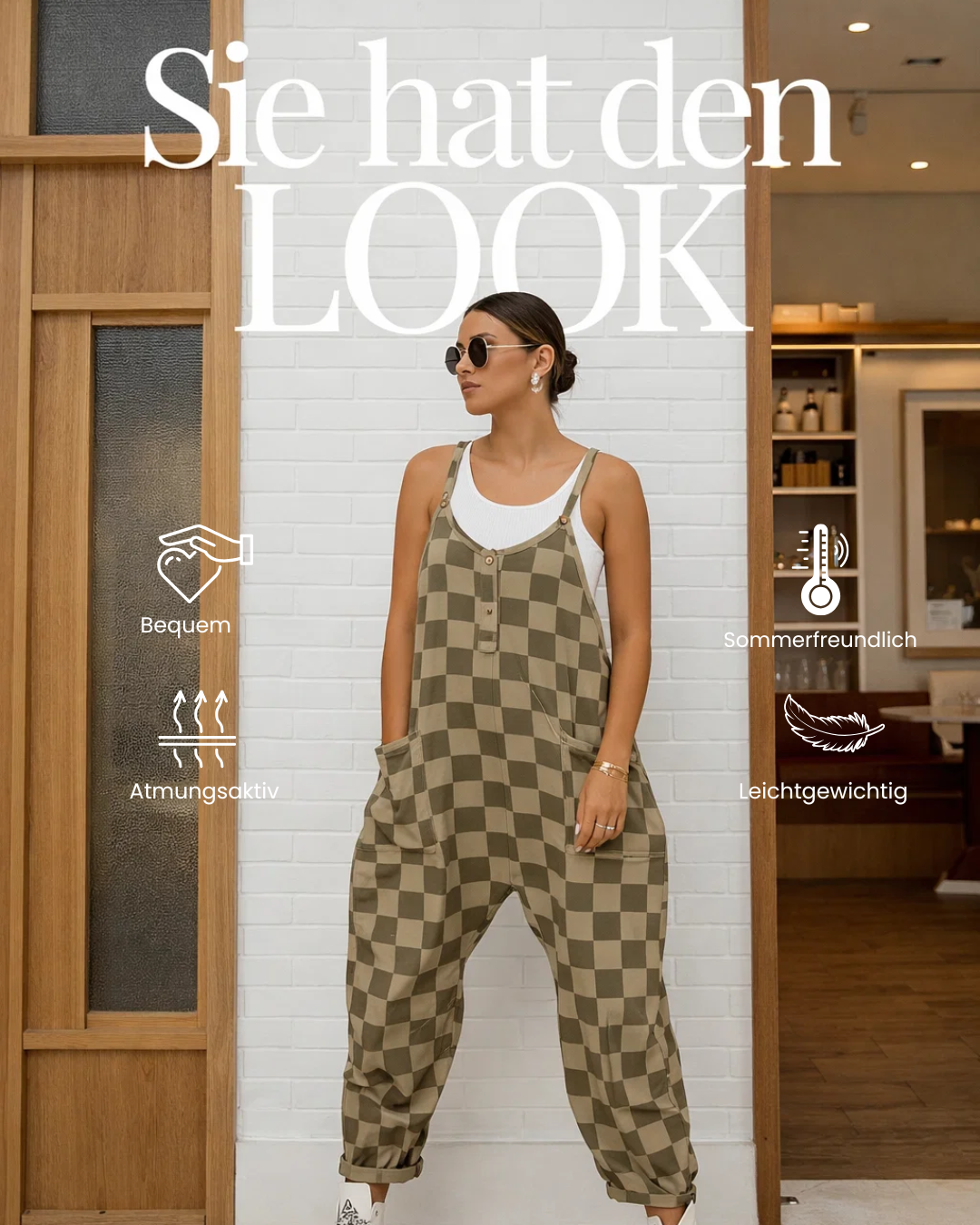Damen Overall kariert, Oversize Passform, offene Rückenträger, Druckknopfverschluss, Taschen
