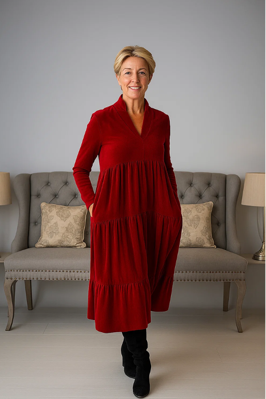 Damen Midikleid einfarbig V-Ausschnitt Langarm A-Linie Taschen komfortable Passform