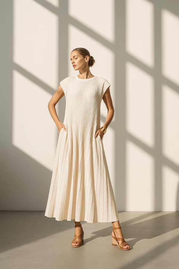 Damen Maxikleid einfarbig ärmellos Rundhals locker Passform Taschen gerafft