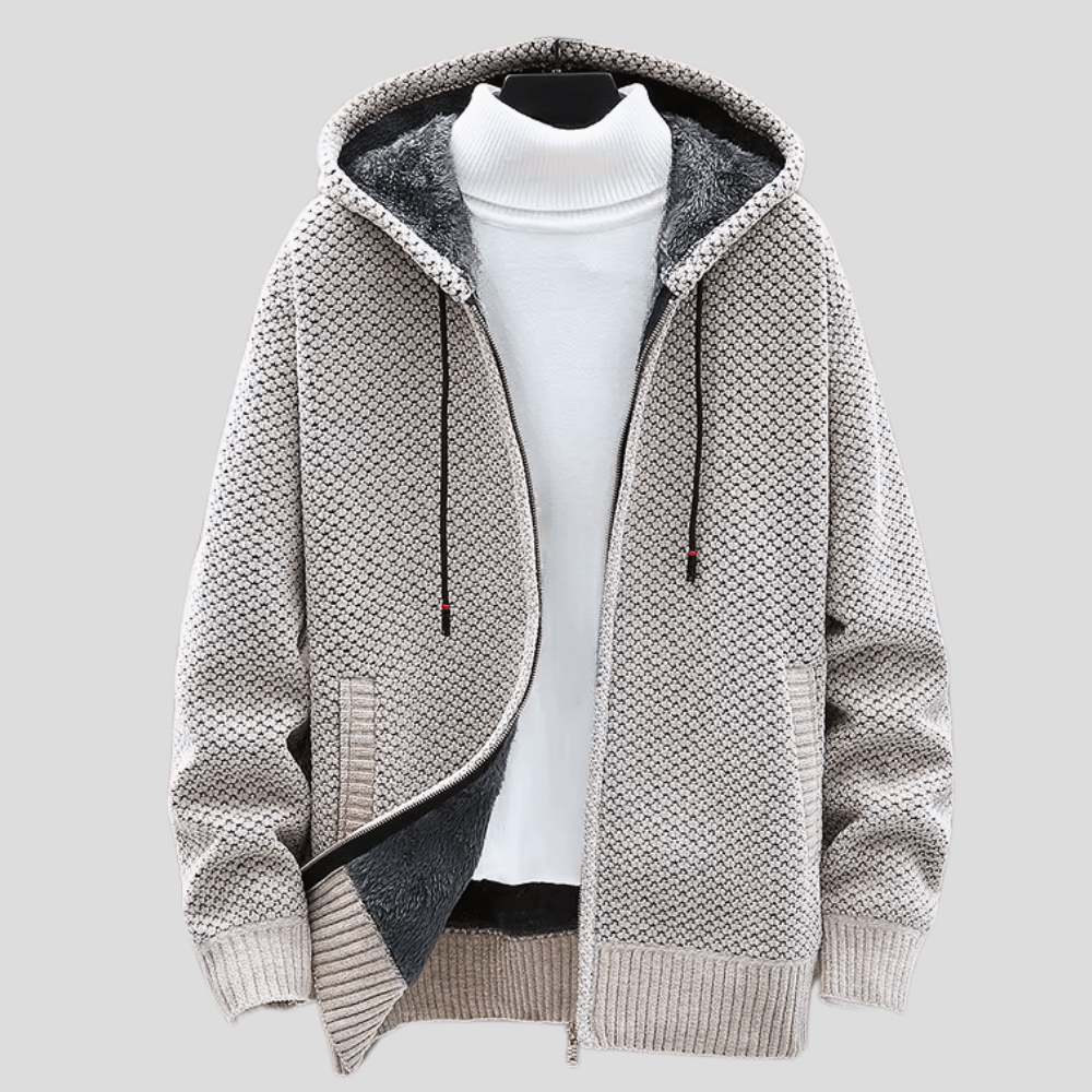 Herren Strickjacke mit Kapuze Regular Fit Fleece Innen gefüttert Reißverschluss Warm Strukturiert Alltag Herbst Winter Minimalistisch