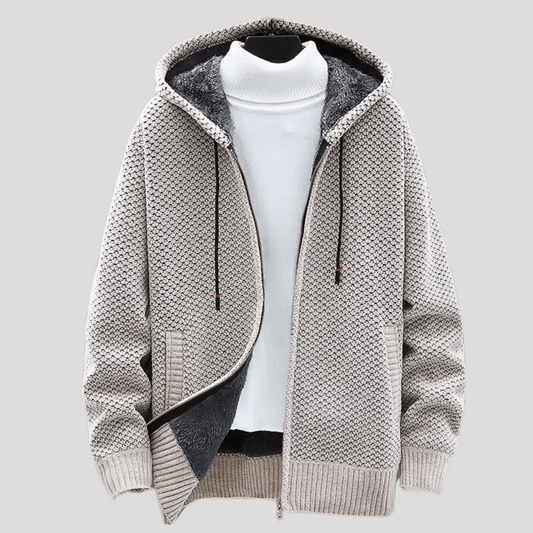 Herren Strickjacke mit Kapuze Regular Fit Fleece Innen gefüttert Reißverschluss Warm Strukturiert Alltag Herbst Winter Minimalistisch