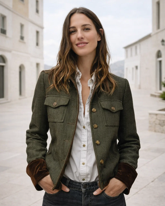Damen Blazer Tailliert Fischgrät Muster Elegant Knopfleiste Kontrast Manschetten