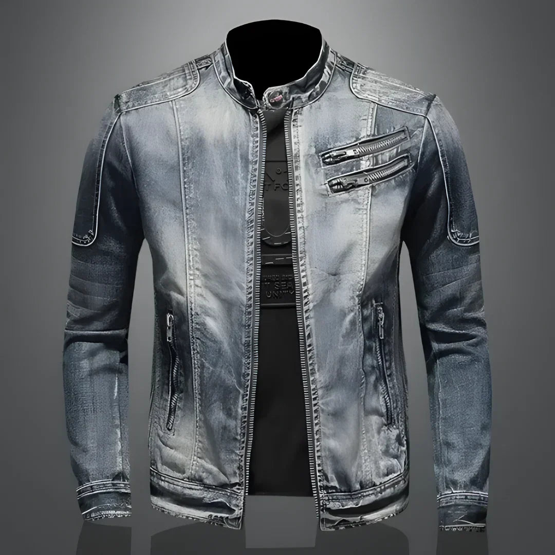 Herren Jeansjacke Denim Regular Fit Langarm Reißverschluss Freizeit Übergangsjacke Used Look