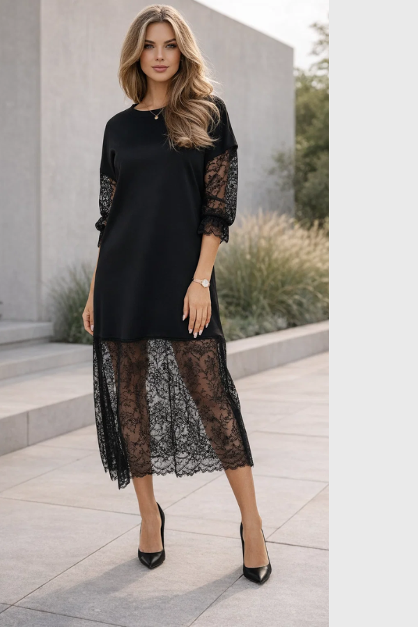 Damen Kleid Spitze langarm locker Passform fließend elegant atmungsaktiv