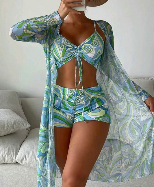 Damen Bikini Set dreiteilig farbenfroh verstellbar Bademode Strand Pool Urlaub