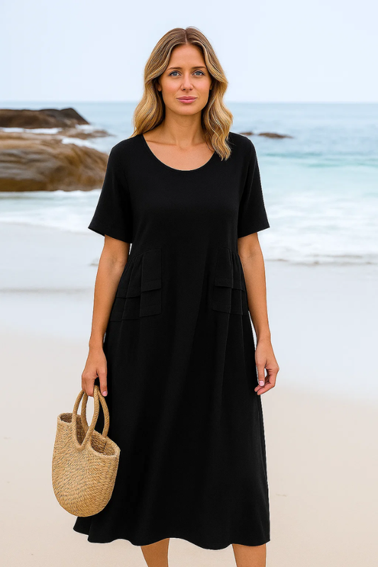 Damen Midikleid einfarbig Rundhals kurzarm A-Linie locker Passform sommerlich