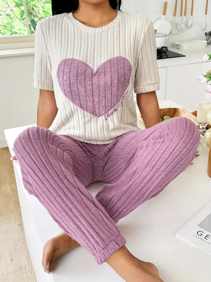 Damen Zweiteiler Regular Fit Ripp-Pyjama Set Kurzarm Oberteil mit Herzmotiv Hose Elastischer Bund Lounge Set 2-teilig