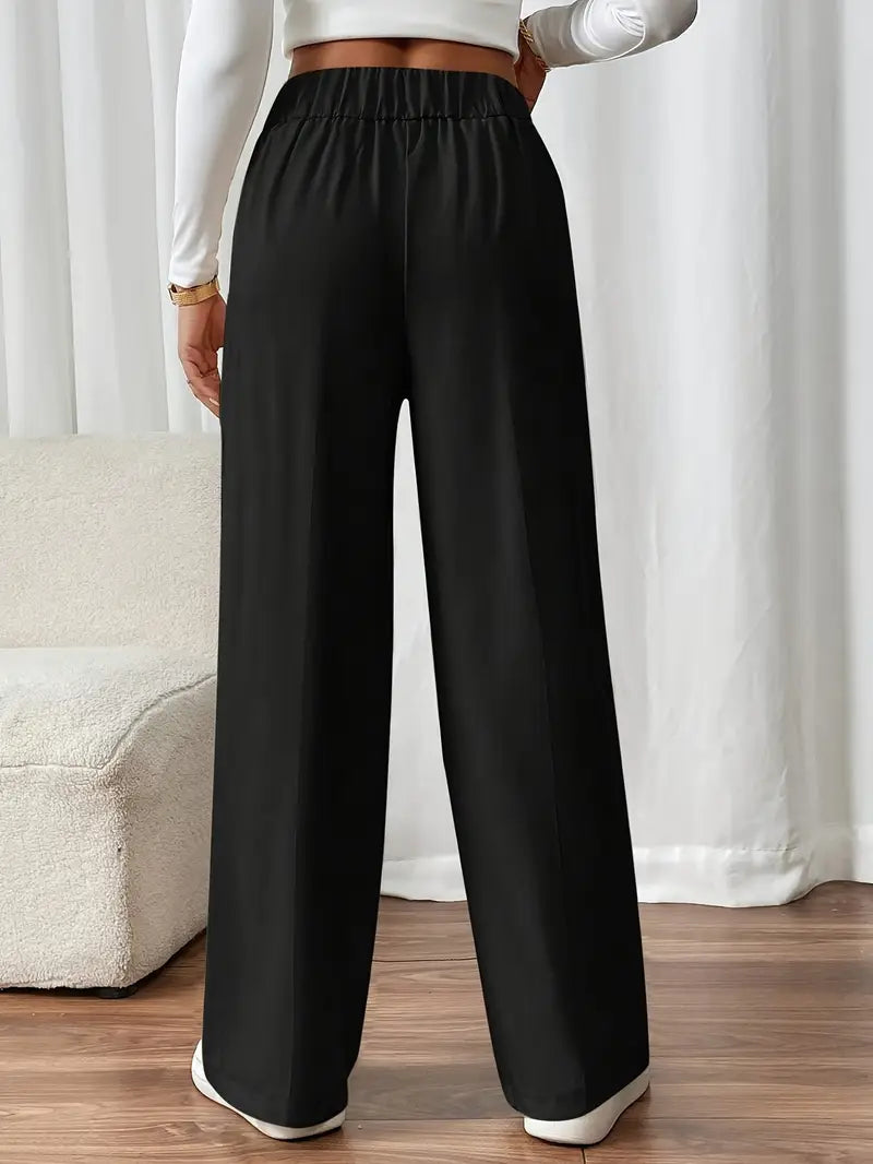 Damen Hose Regular Fit Weites Bein Elastischer Bund Seitentaschen Casual Elegant Alltag Büro