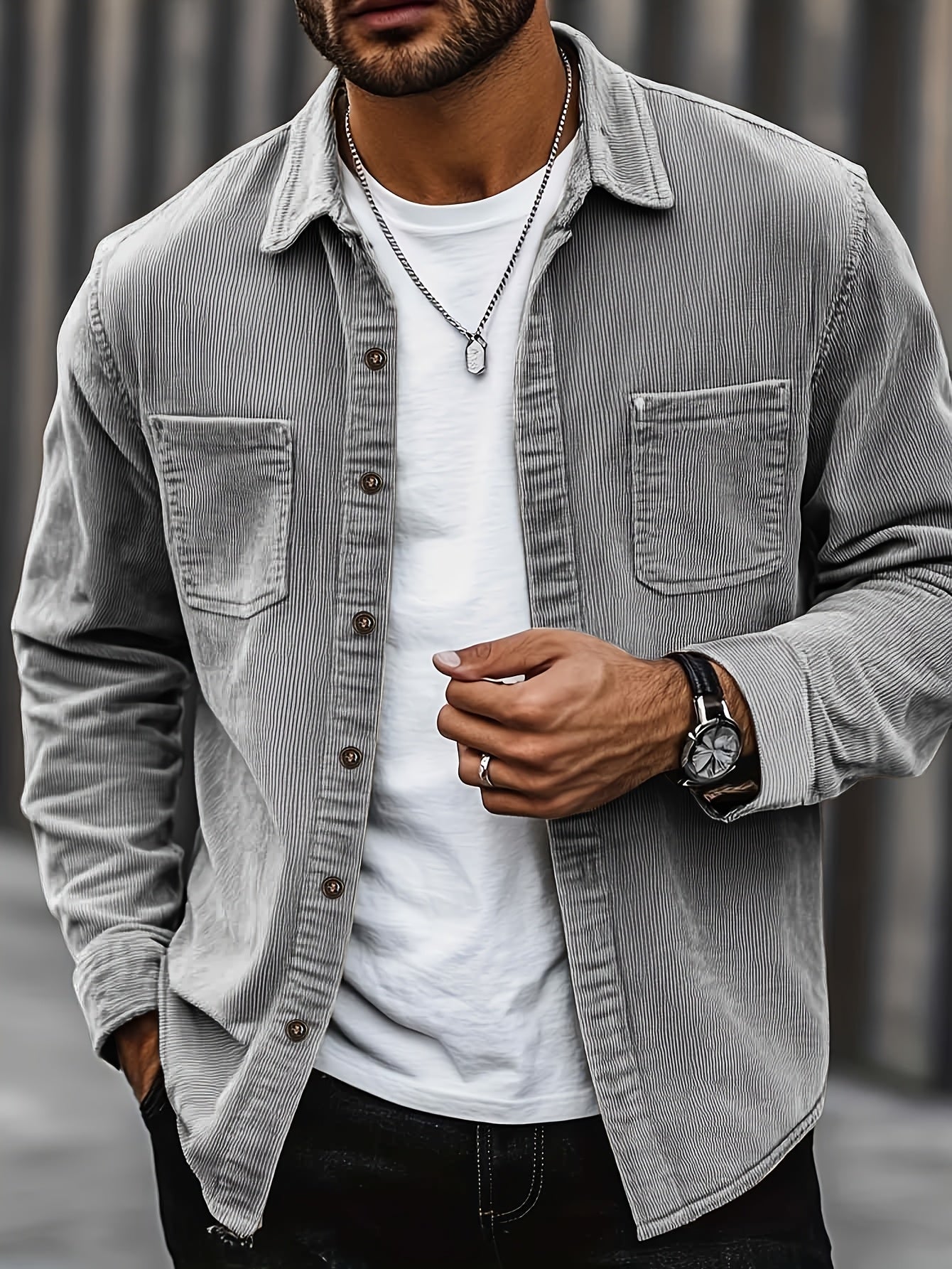 Herren Hemdjacke Polyester Kordeloptik einfarbiger Reverskragen langa
