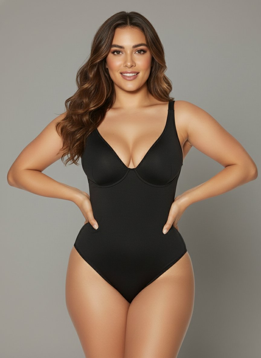 Damen Shaping Bodysuit Schwarz nahtlos figurformend mit V-Ausschnitt Push-up Effek