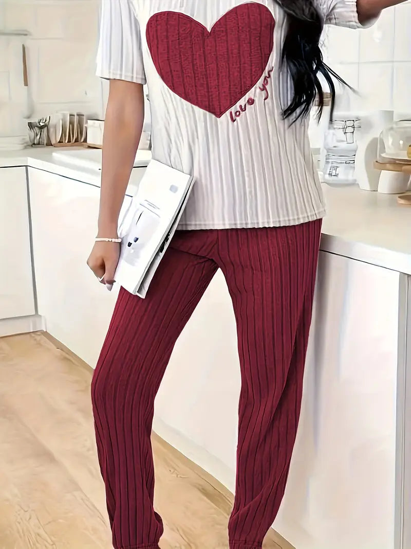 Damen Zweiteiler Regular Fit Ripp-Pyjama Set Kurzarm Oberteil mit Herzmotiv Hose Elastischer Bund Lounge Set 2-teilig