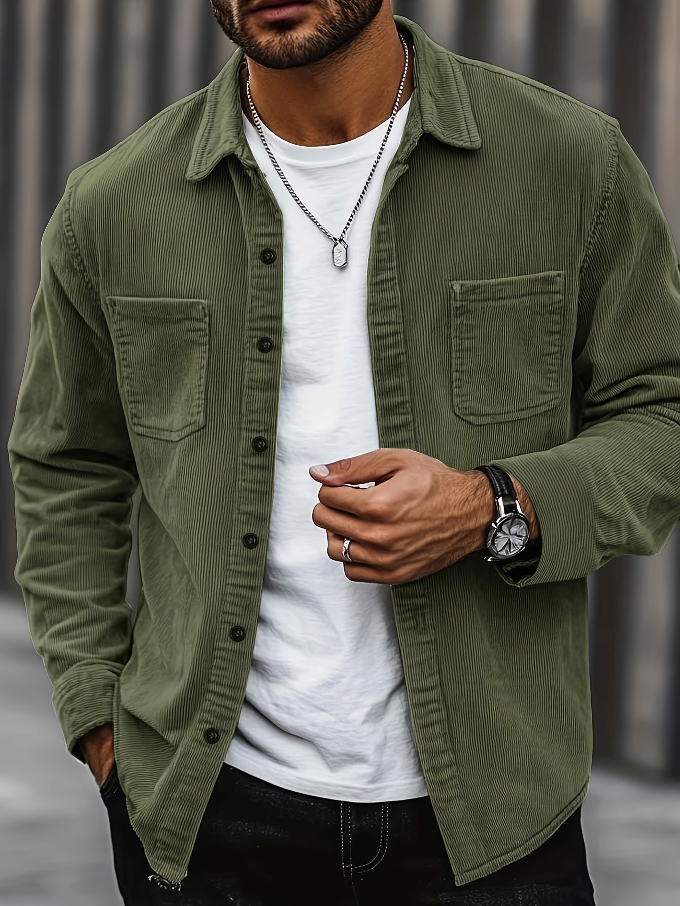 Herren Hemdjacke Polyester Kordeloptik einfarbiger Reverskragen langa