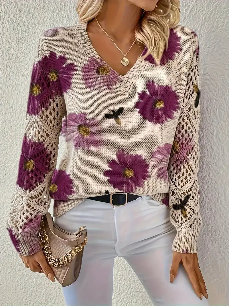 Damen Strickjacke Blumenmuster V-Ausschnitt Regular Fit Leicht Mittelschwer Häkeloptik Freizeit