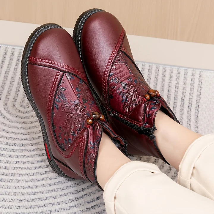Damen Stiefeletten Lederoptik Blumen Reißverschluss gefüttert rutschfest bequem