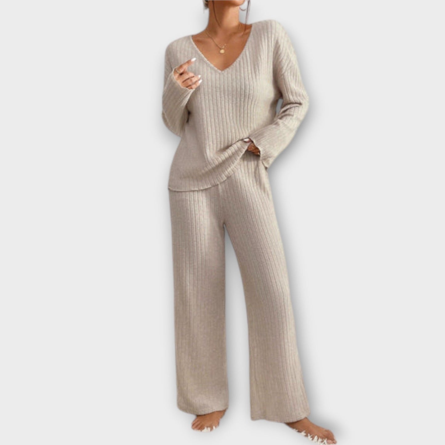 Damen Zweiteiler Regular Fit Geripptes Oberteil mit V-Ausschnitt Hose Elastischer Bund Casual Lounge Set 2-teilig
