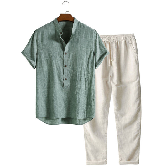 Herren Leinenhemd und Leinenhose Set Sommer Zweiteiler Freizeitanzug atmungsaktiv
