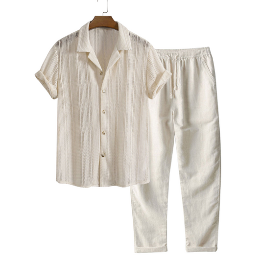 Herren Leinenhemd und Leinenhose Set Sommer Zweiteiler Freizeitanzug atmungsaktiv