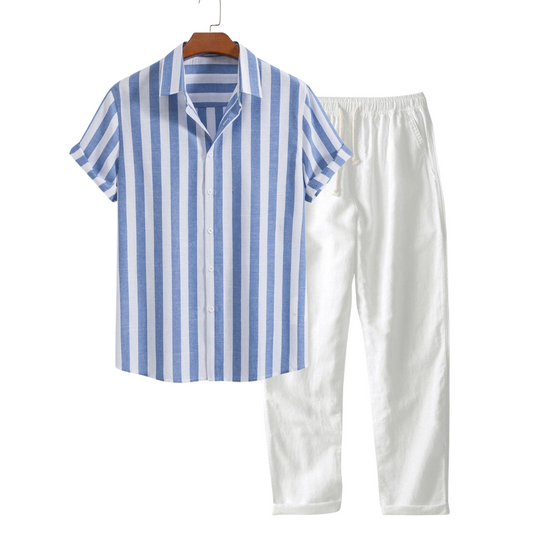 Herren Leinenhemd und Leinenhose Set Sommer Zweiteiler Freizeitanzug atmungsaktiv