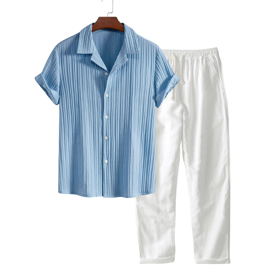 Herren Leinenhemd und Leinenhose Set Sommer Zweiteiler Freizeitanzug atmungsaktiv