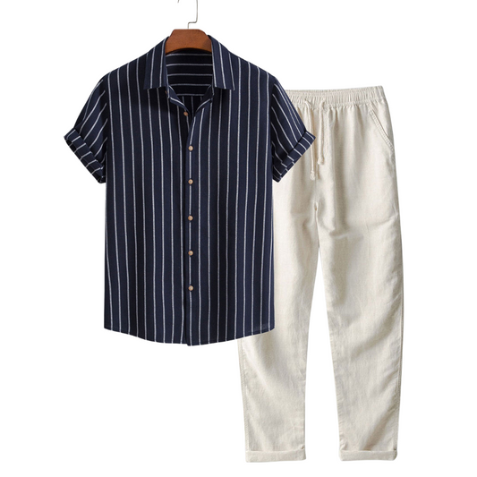 Herren Leinenhemd und Leinenhose Set Sommer Zweiteiler Freizeitanzug atmungsaktiv