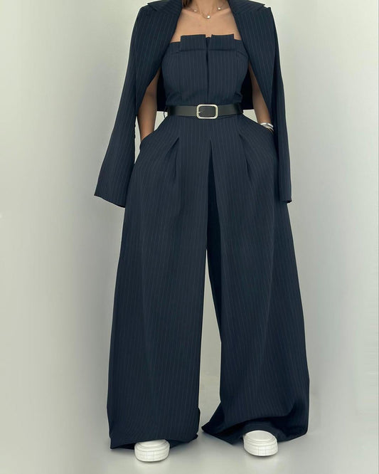 Damen Zweiteiler Regular Fit Jumpsuit mit trägerlosem Oberteil, kurzer Jacke und weitem Bein Set 3-teilig Reise- und Alltagsoutfit