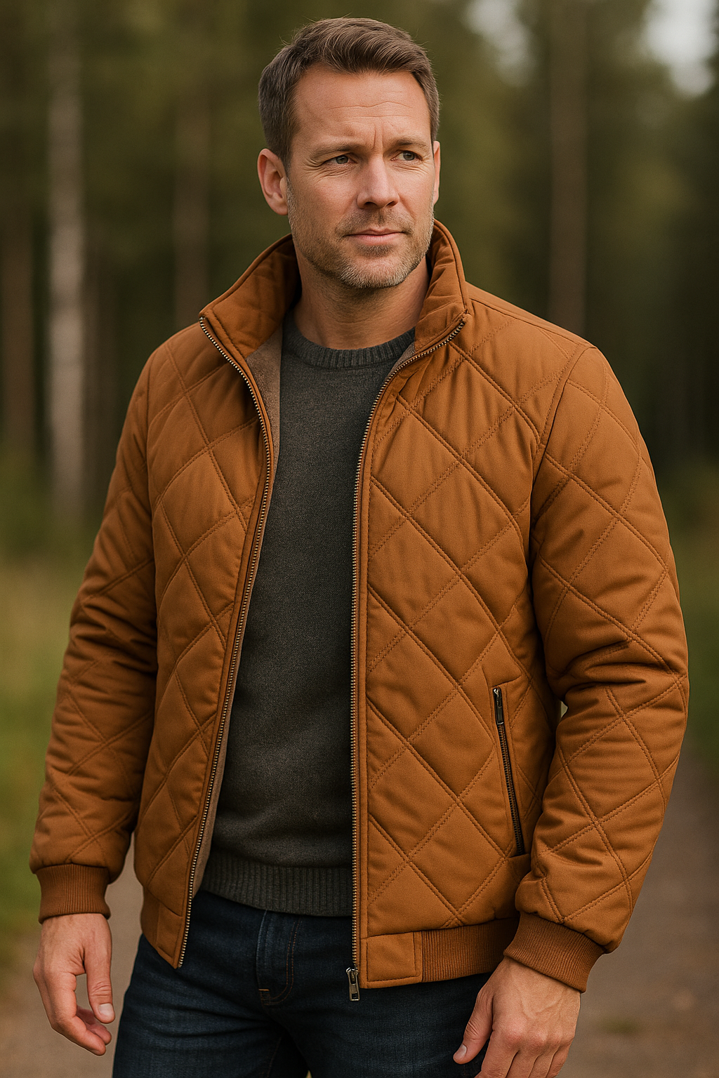 Herren Jacke Rautenmuster Stehkragen Reißverschluss Taschen Regular Fit Winter Übergangsjacke