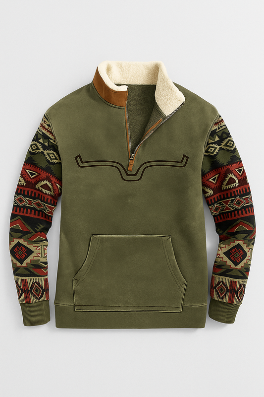 Herrenpullover halber Reißverschluss Patchwork Ärmel Fleecegefüttert, bequem und warm