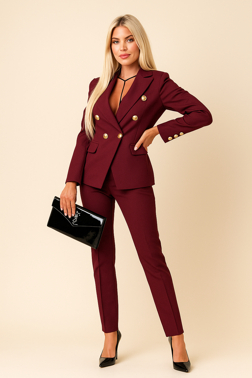 Damen Zweiteiler Regular Fit Doppelreihiger Blazer mit Goldknöpfen Schmal geschnittene Hose Business Anzug Set 2-teilig