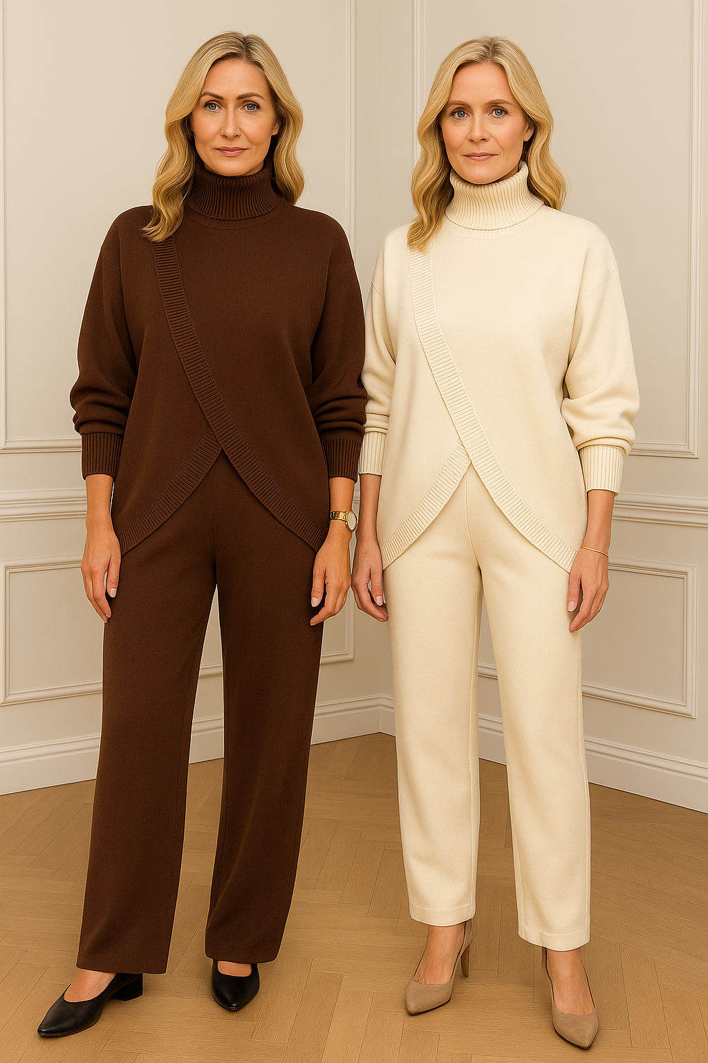 Damen Zweiteiler Regular Fit Oversize Strickpullover mit asymmetrischem Saum und Hose mit geradem Bein Loungewear Set 2-teilig